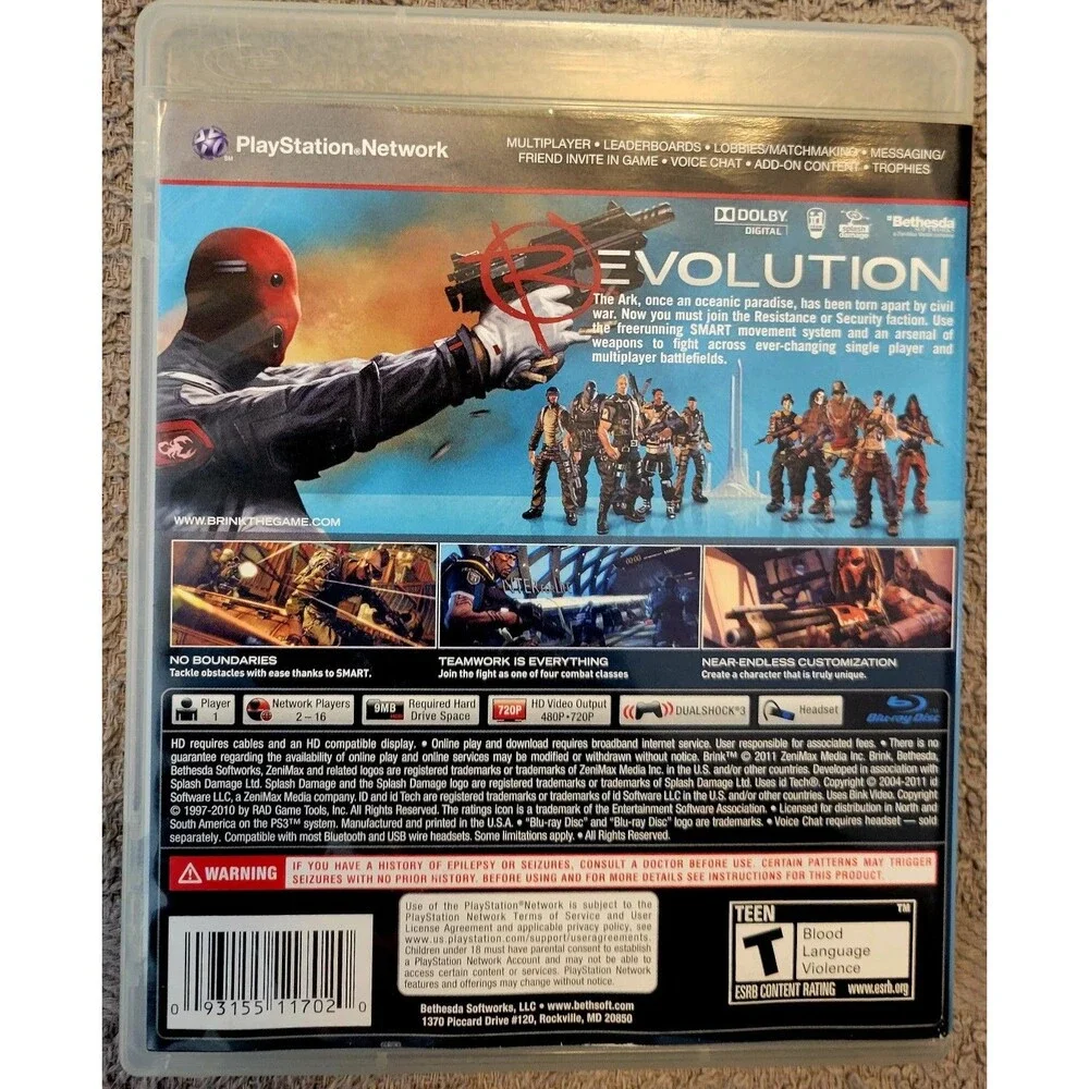 Sony PlayStation 3 PS3: Brink,CIB,TESTED, MANUAL INCLD, CLN DISC, FAST SHIPPING